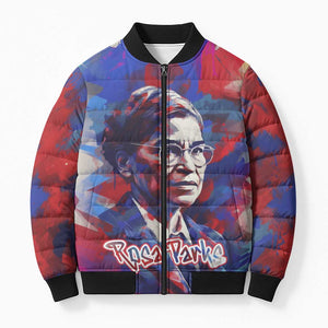 Rosa Parks Bomber Puffer Jacket Red Blue Abstract Art Portrait Sitting Down to Stand Up Quote Civil Rights Tribute - African Pride
