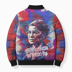 Rosa Parks Bomber Puffer Jacket Red Blue Abstract Art Portrait Sitting Down to Stand Up Quote Civil Rights Tribute - African Pride