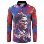 Rosa Parks Button Sweatshirt Red Blue Abstract Art Portrait Sitting Down to Stand Up Quote Civil Rights Tribute
