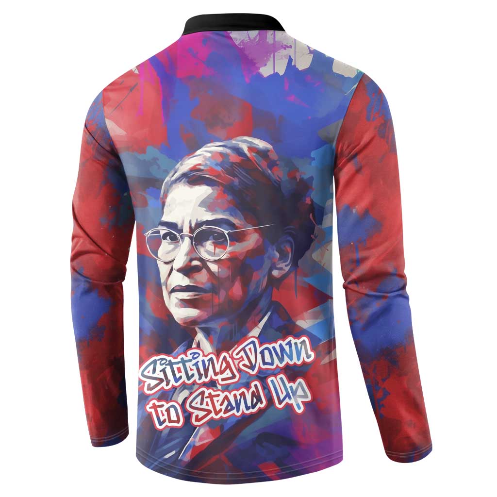 Rosa Parks Button Sweatshirt Red Blue Abstract Art Portrait Sitting Down to Stand Up Quote Civil Rights Tribute