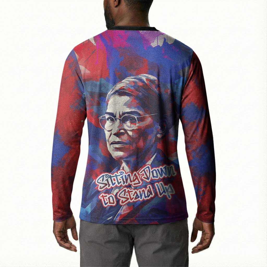 Rosa Parks Button Sweatshirt Red Blue Abstract Art Portrait Sitting Down to Stand Up Quote Civil Rights Tribute