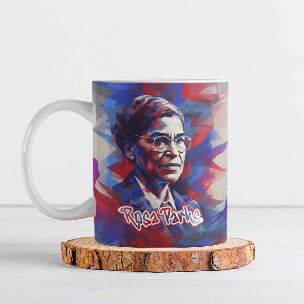 Rosa Parks Ceramic Mug Red Blue Abstract Art Portrait Sitting Down to Stand Up Quote Civil Rights Tribute - African Pride