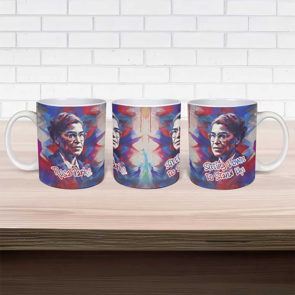 Rosa Parks Ceramic Mug Red Blue Abstract Art Portrait Sitting Down to Stand Up Quote Civil Rights Tribute - African Pride