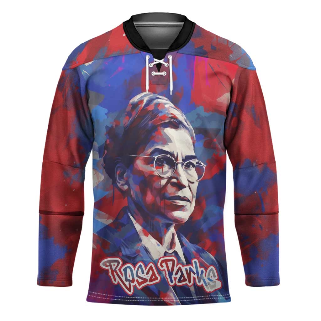 Rosa Parks Hockey Jersey Red Blue Abstract Art Portrait Sitting Down to Stand Up Quote Civil Rights Tribute - African Pride