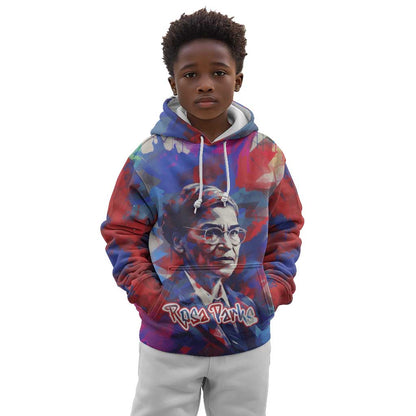 Rosa Parks Kid Hoodie Red Blue Abstract Art Portrait Sitting Down to Stand Up Quote Civil Rights Tribute - African Pride