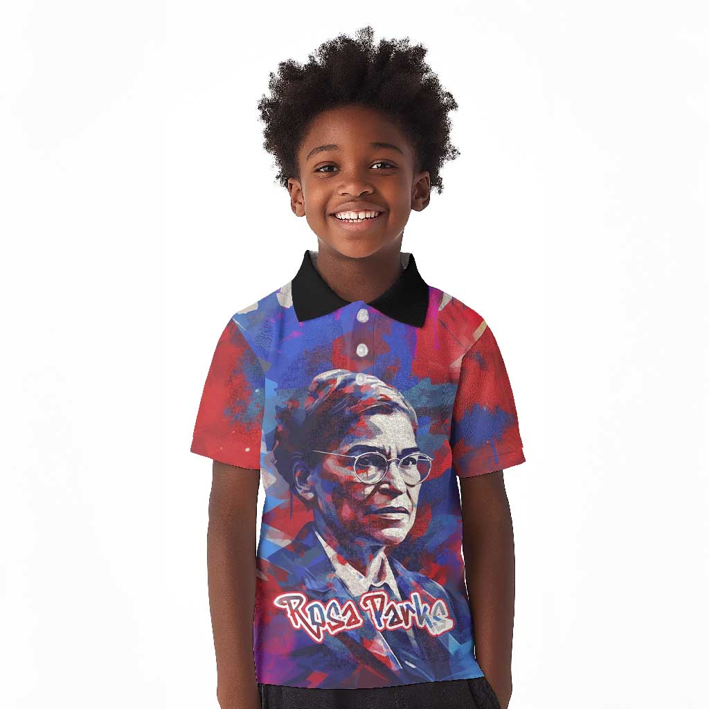 Rosa Parks Kid Polo Shirt Red Blue Abstract Art Portrait Sitting Down to Stand Up Quote Civil Rights Tribute TS04