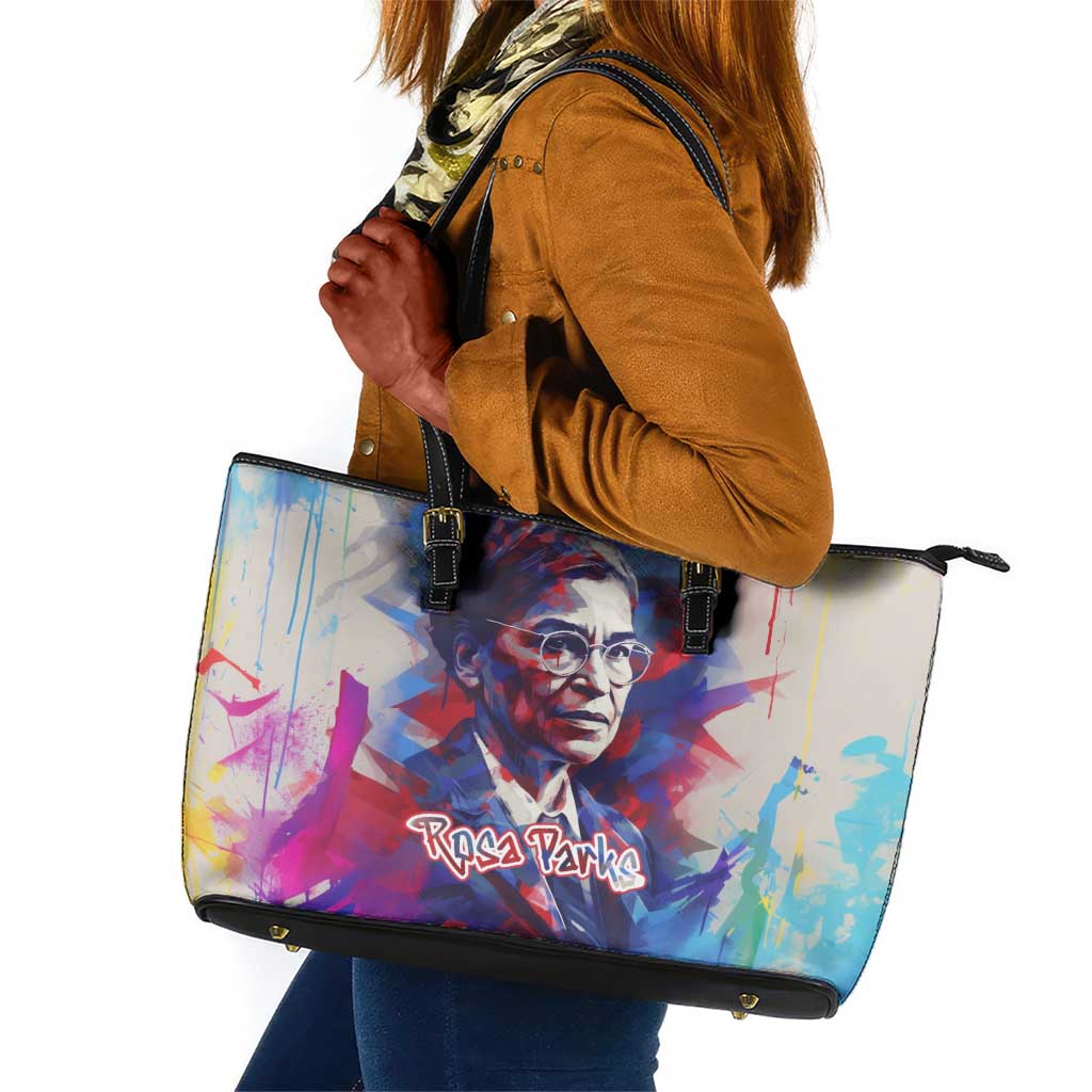 Rosa Parks Leather Tote Bag Red Blue Abstract Art Portrait Sitting Down to Stand Up Quote Civil Rights Tribute - African Pride