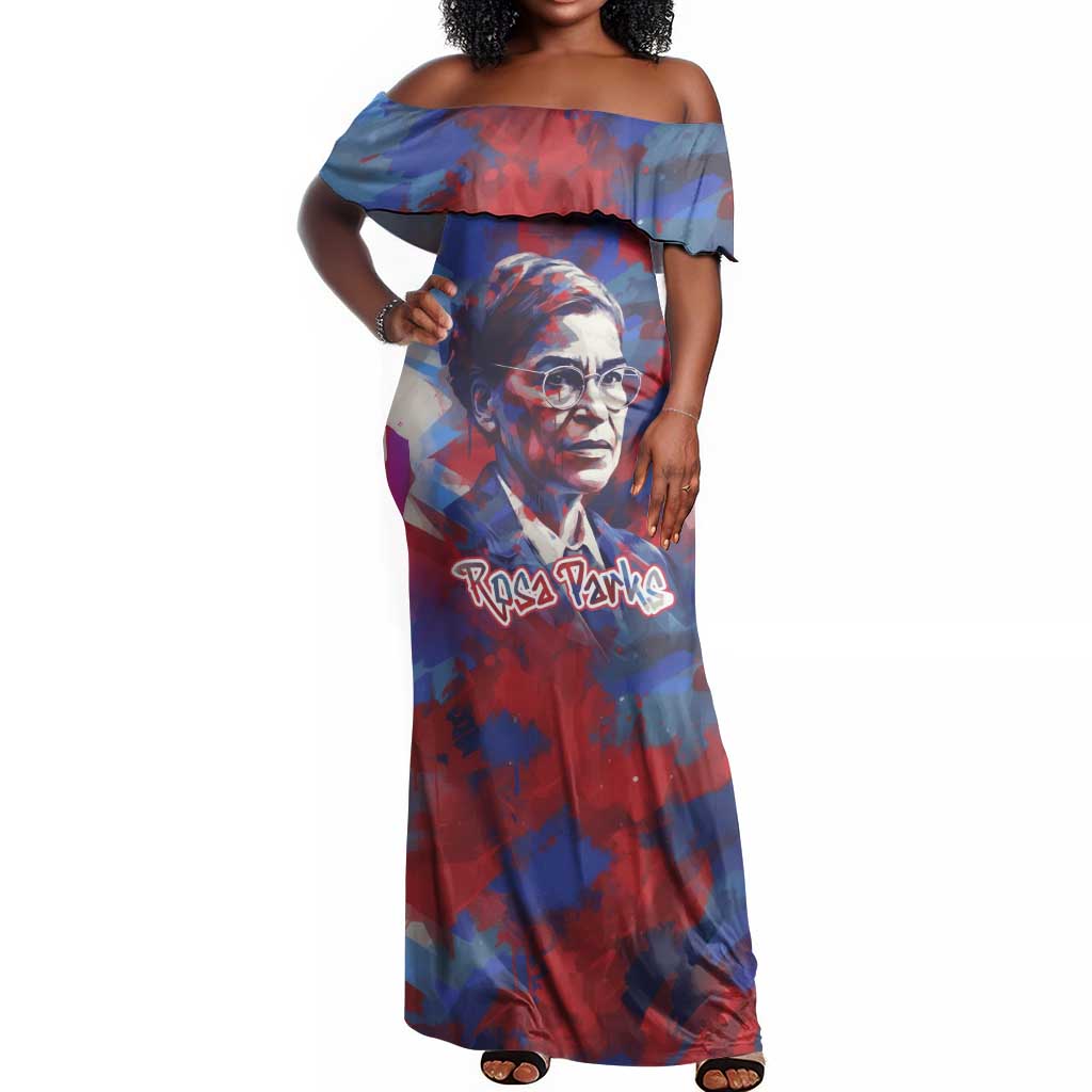Rosa Parks Off Shoulder Maxi Dress Red Blue Abstract Art Portrait Sitting Down to Stand Up Quote Civil Rights Tribute - African Pride