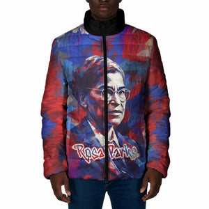 Rosa Parks Padded Jacket Red Blue Abstract Art Portrait Sitting Down to Stand Up Quote Civil Rights Tribute - African Pride