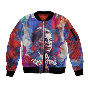 Rosa Parks Sleeve Zip Bomber Jacket Red Blue Abstract Art Portrait Sitting Down to Stand Up Quote Civil Rights Tribute - African Pride