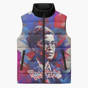 Rosa Parks Sleeveless Puffer Jacket Red Blue Abstract Art Portrait Sitting Down to Stand Up Quote Civil Rights Tribute - African Pride