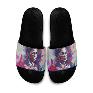 Rosa Parks Slide Sandals Red Blue Abstract Art Portrait Sitting Down to Stand Up Quote Civil Rights Tribute - African Pride