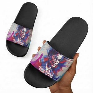 Rosa Parks Slide Sandals Red Blue Abstract Art Portrait Sitting Down to Stand Up Quote Civil Rights Tribute - African Pride