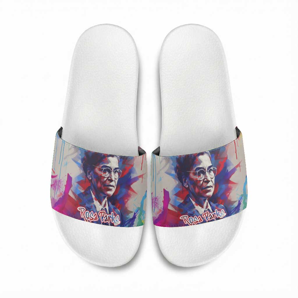 Rosa Parks Slide Sandals Red Blue Abstract Art Portrait Sitting Down to Stand Up Quote Civil Rights Tribute - African Pride