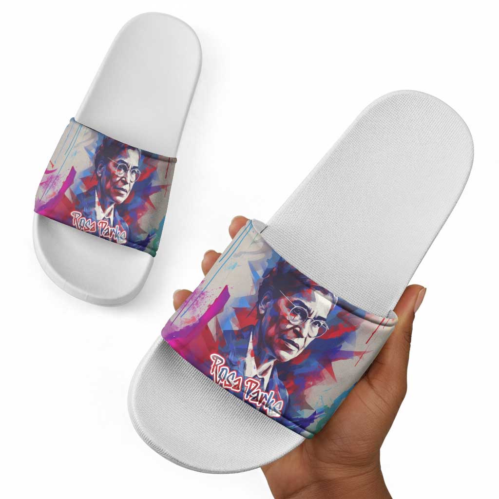 Rosa Parks Slide Sandals Red Blue Abstract Art Portrait Sitting Down to Stand Up Quote Civil Rights Tribute - African Pride