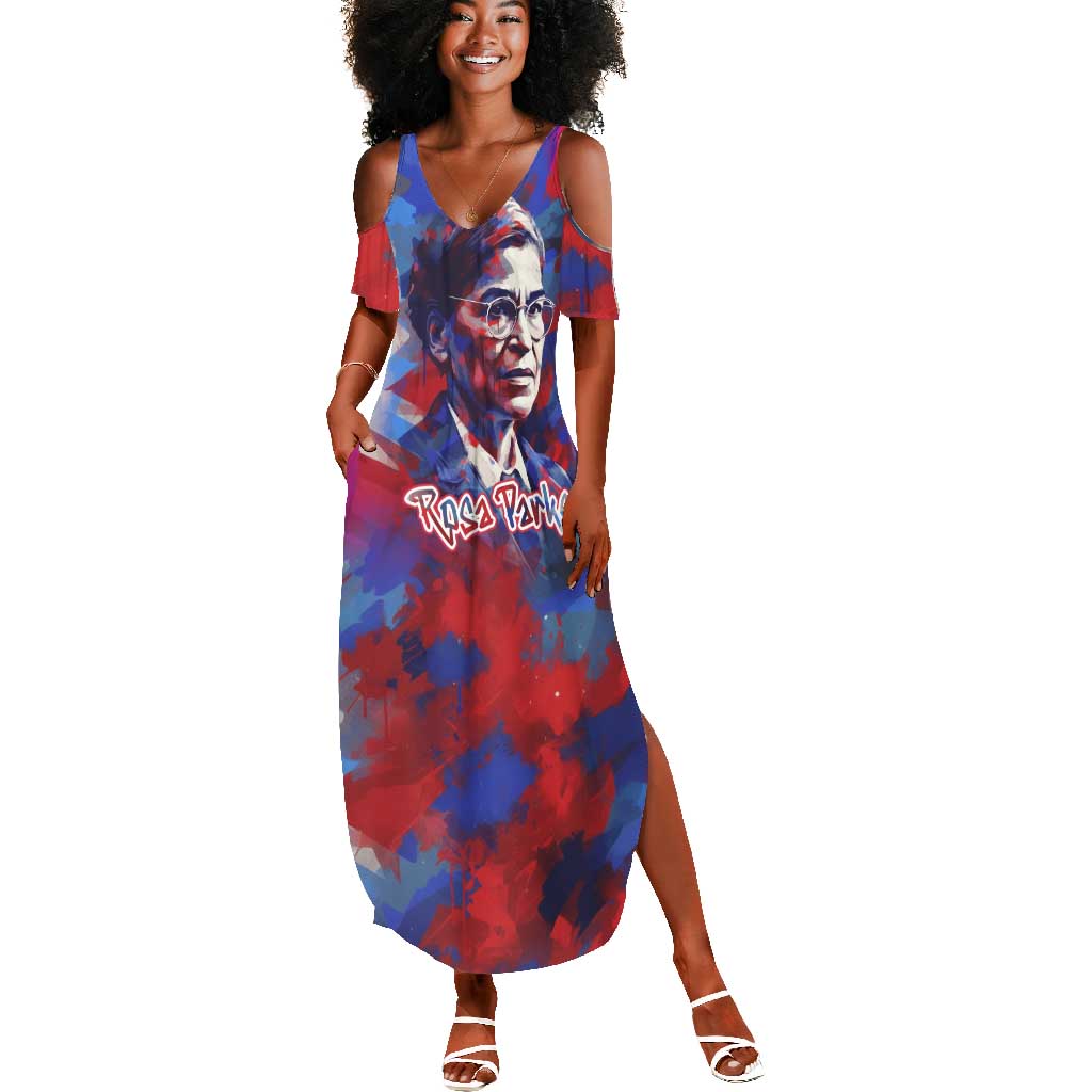 Rosa Parks Summer Maxi Dress Red Blue Abstract Art Portrait Sitting Down to Stand Up Quote Civil Rights Tribute TS04