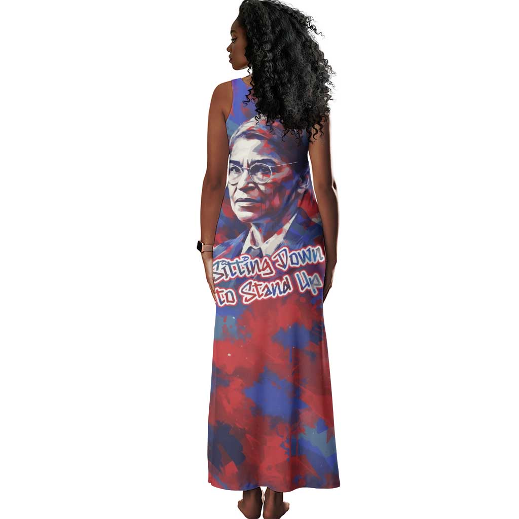 Rosa Parks Tank Maxi Dress Red Blue Abstract Art Portrait Sitting Down to Stand Up Quote Civil Rights Tribute - African Pride
