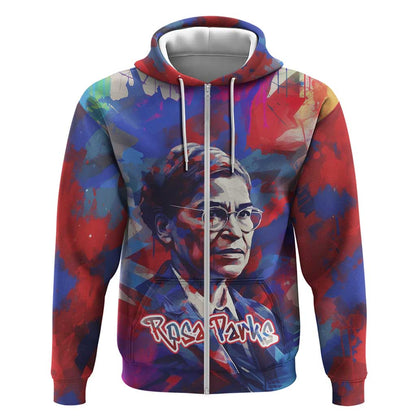 Rosa Parks Zip Hoodie Red Blue Abstract Art Portrait Sitting Down to Stand Up Quote Civil Rights Tribute - African Pride