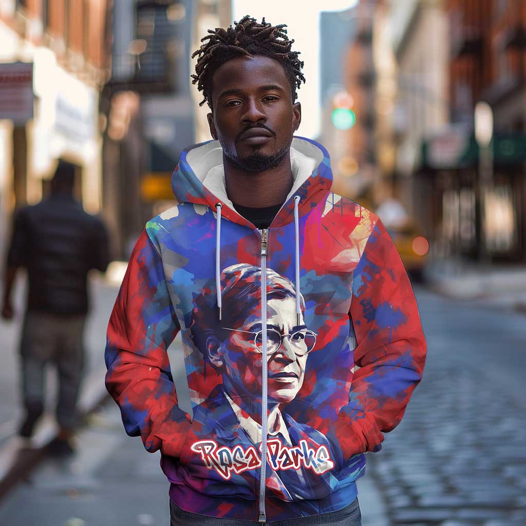 Rosa Parks Zip Hoodie Red Blue Abstract Art Portrait Sitting Down to Stand Up Quote Civil Rights Tribute - African Pride