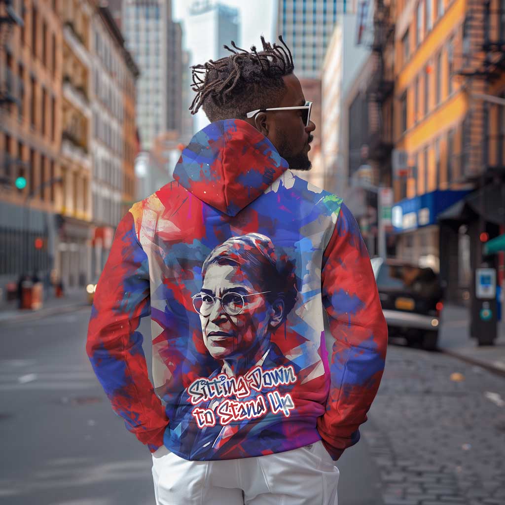 Rosa Parks Zip Hoodie Red Blue Abstract Art Portrait Sitting Down to Stand Up Quote Civil Rights Tribute - African Pride
