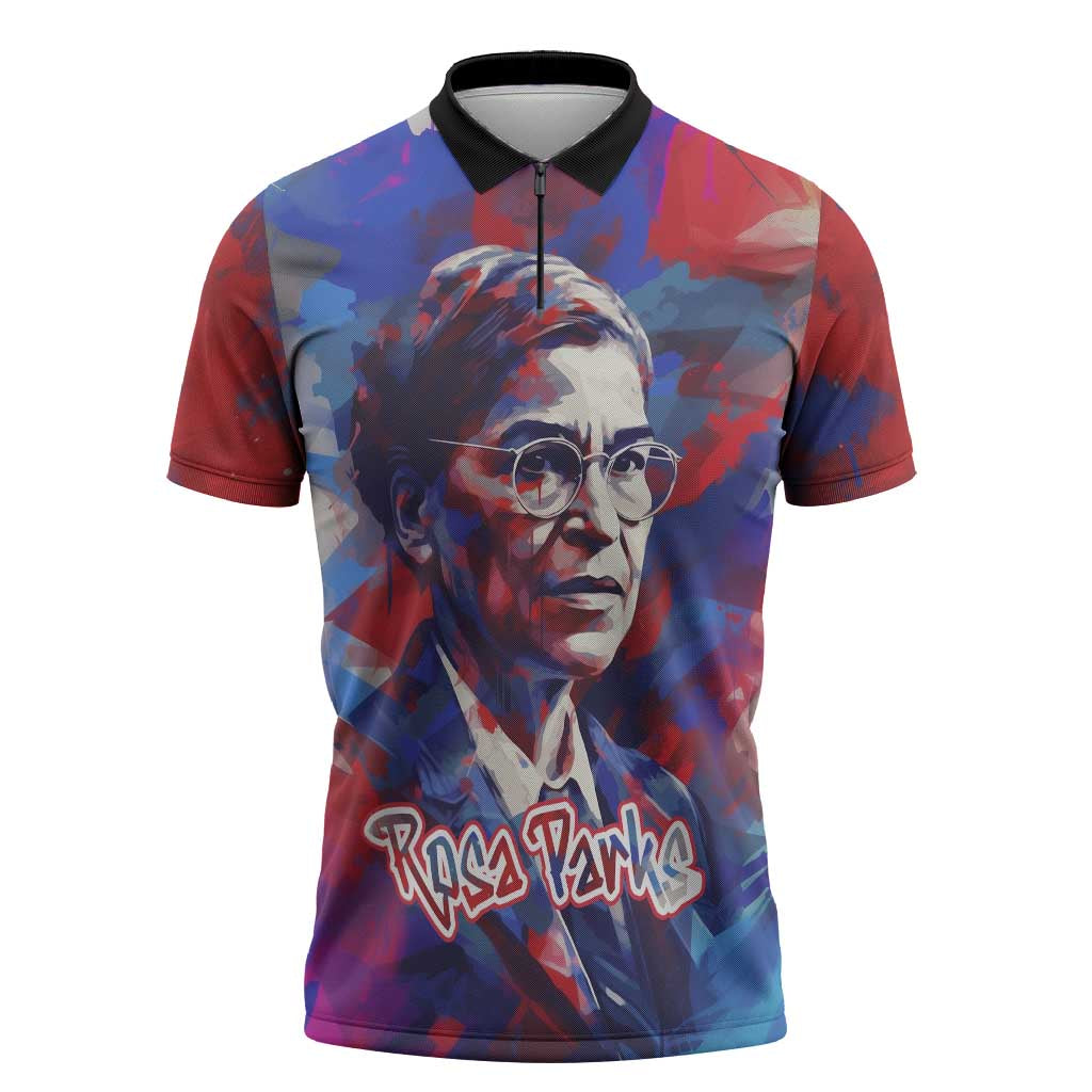 Rosa Parks Zipper Polo Shirt Red Blue Abstract Art Portrait Sitting Down to Stand Up Quote Civil Rights Tribute - African Pride
