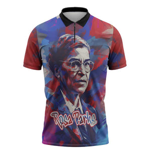 Rosa Parks Zipper Polo Shirt Red Blue Abstract Art Portrait Sitting Down to Stand Up Quote Civil Rights Tribute - African Pride