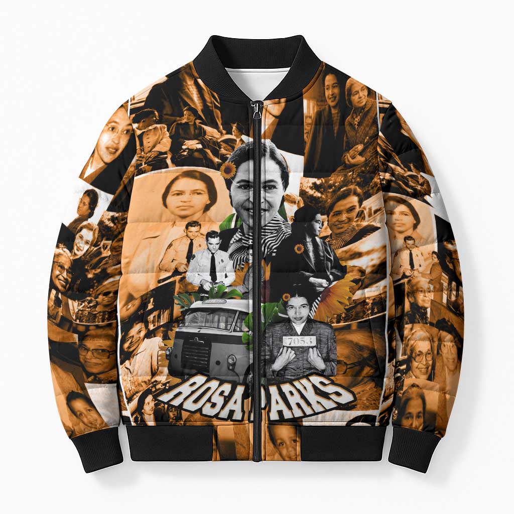 Rosa Parks Bomber Puffer Jacket Sepia Collage Design Civil Rights Icon I Believe There Is Only One Race Quote - African Pride