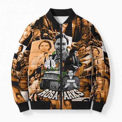 Rosa Parks Bomber Puffer Jacket Sepia Collage Design Civil Rights Icon I Believe There Is Only One Race Quote - African Pride
