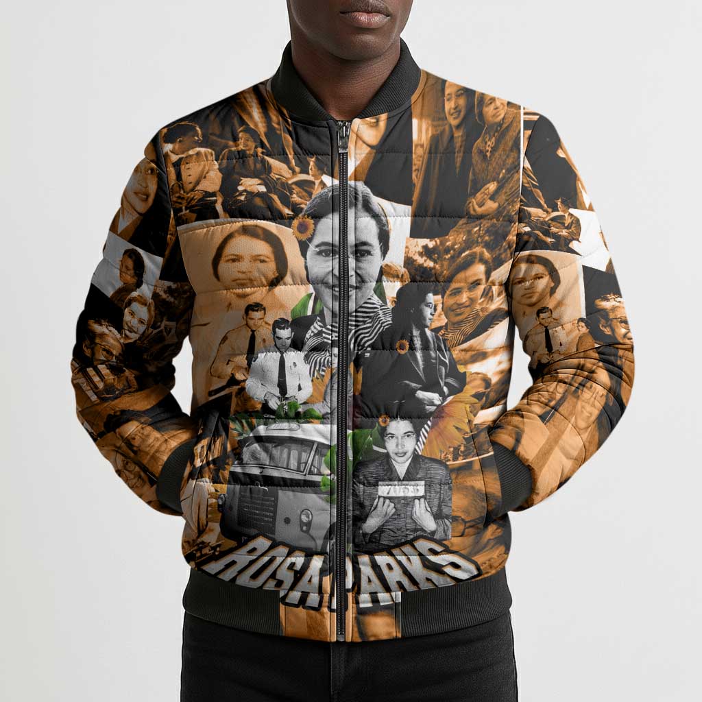 Rosa Parks Bomber Puffer Jacket Sepia Collage Design Civil Rights Icon I Believe There Is Only One Race Quote - African Pride