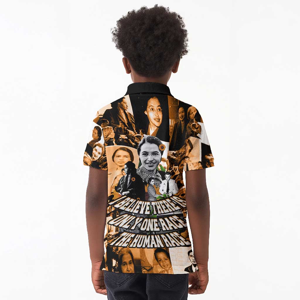Rosa Parks Kid Polo Shirt Sepia Collage Design Civil Rights Icon I Believe There Is Only One Race Quote TS04