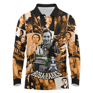 Rosa Parks Long Sleeve Polo Shirt Sepia Collage Design Civil Rights Icon I Believe There Is Only One Race Quote - African Pride