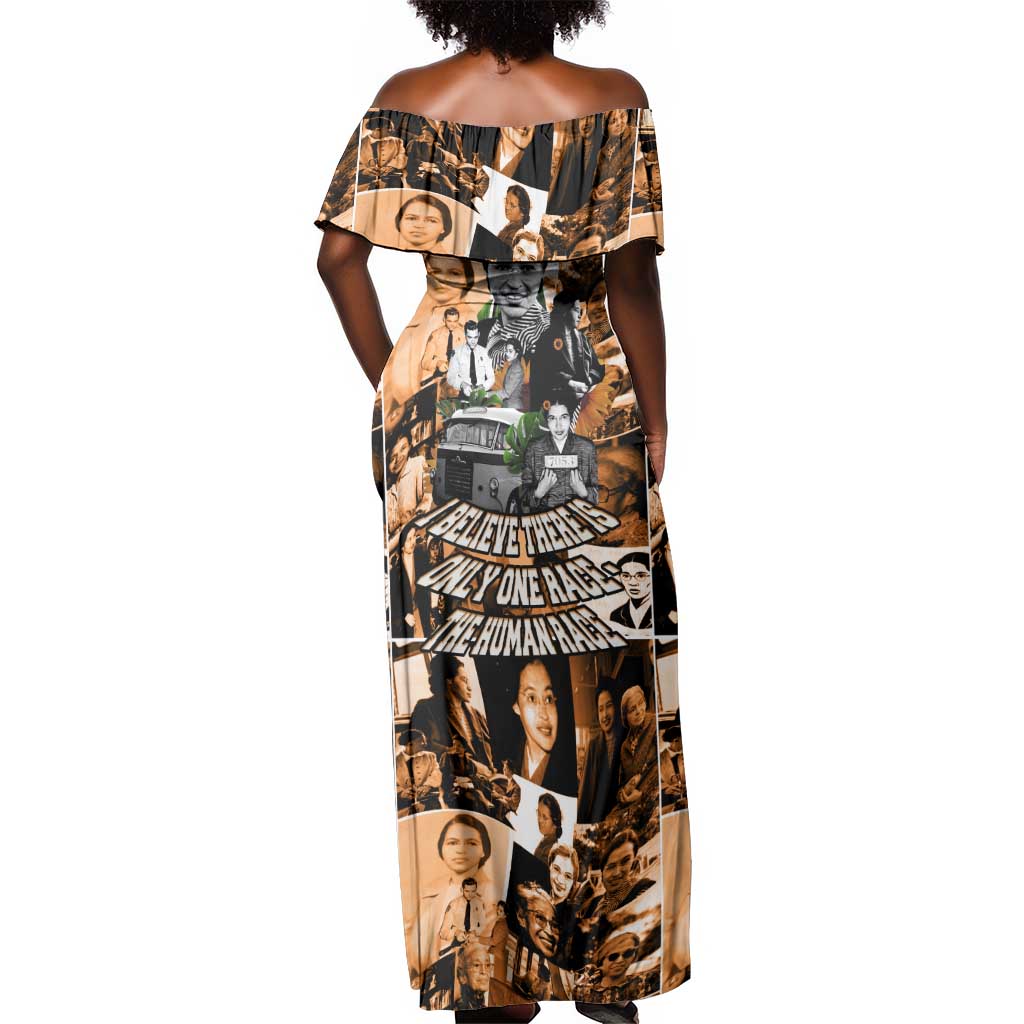 Rosa Parks Off Shoulder Maxi Dress Sepia Collage Design Civil Rights Icon I Believe There Is Only One Race Quote - African Pride