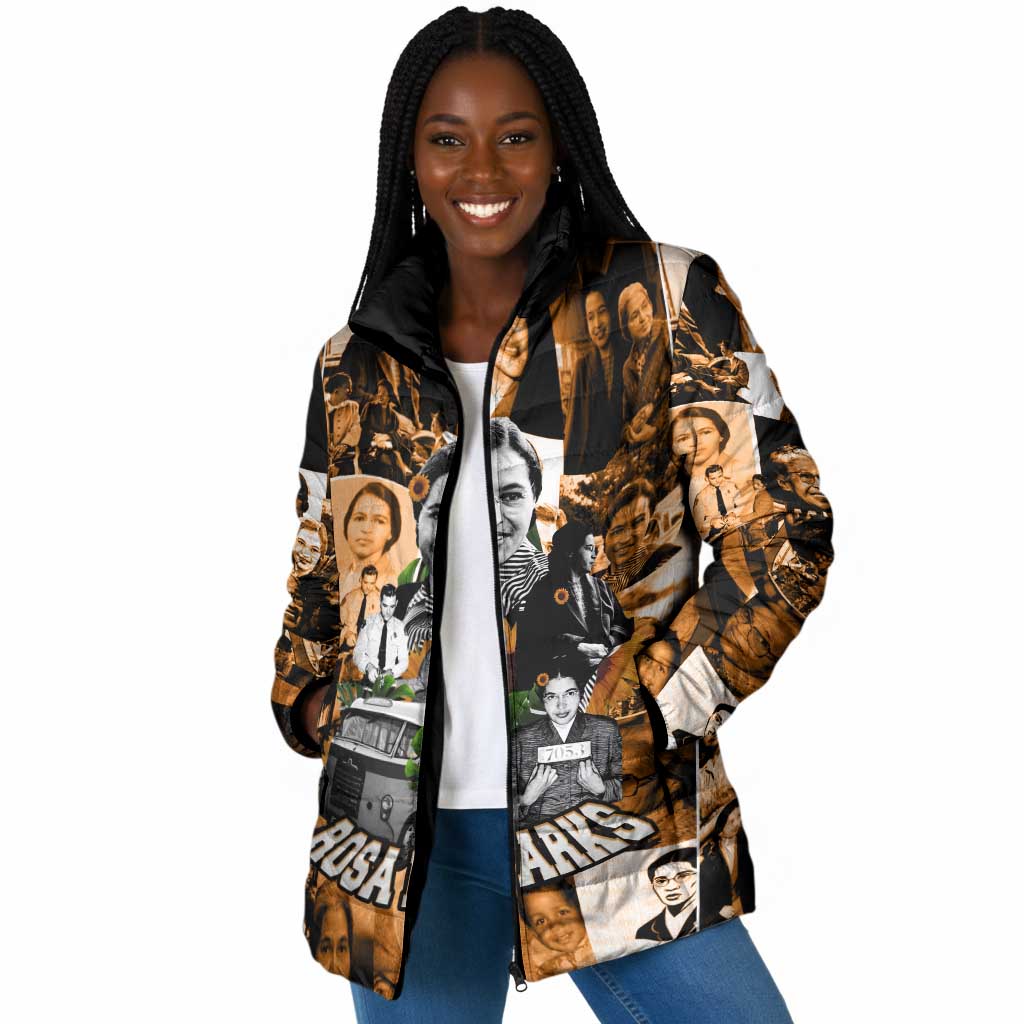 Rosa Parks Padded Jacket Sepia Collage Design Civil Rights Icon I Believe There Is Only One Race Quote - African Pride