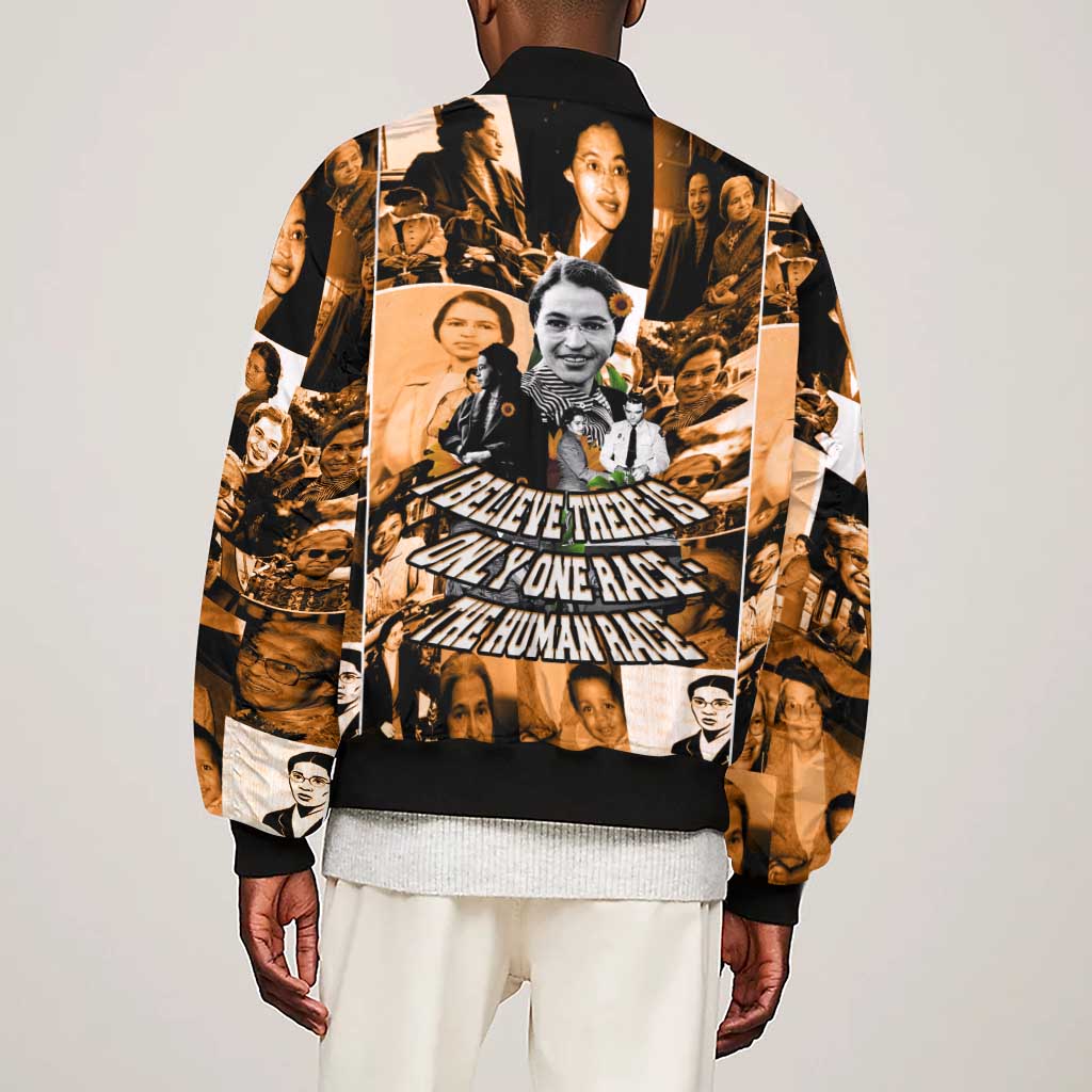 Rosa Parks Sleeve Zip Bomber Jacket Sepia Collage Design Civil Rights Icon I Believe There Is Only One Race Quote - African Pride