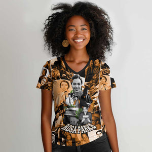 Rosa Parks Women V-Neck T-Shirt Sepia Collage Design Civil Rights Icon I Believe There Is Only One Race Quote TS04