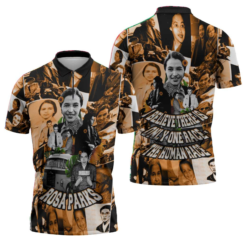 Rosa Parks Zipper Polo Shirt Sepia Collage Design Civil Rights Icon I Believe There Is Only One Race Quote - African Pride