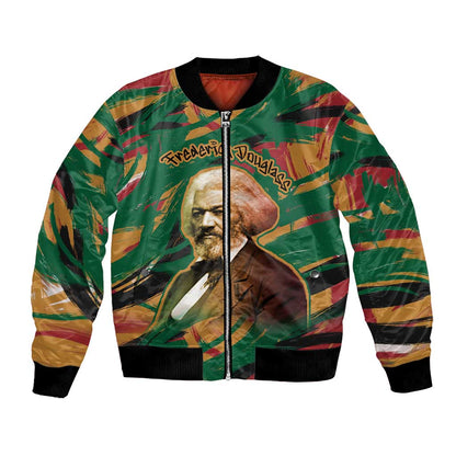 Frederick Douglass Bomber Jacket Green Abstract Design Civil Rights Leader Quote on Race and Humanity - African Pride