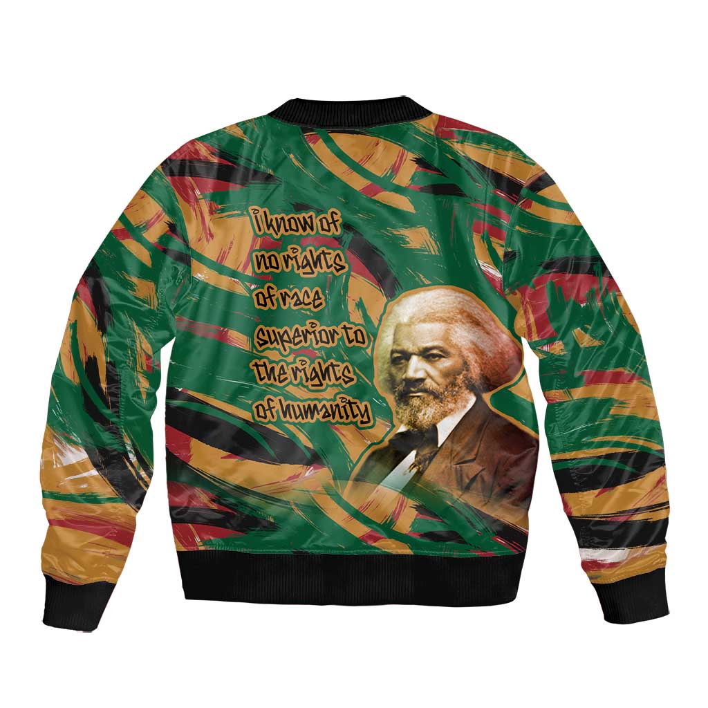 Frederick Douglass Bomber Jacket Green Abstract Design Civil Rights Leader Quote on Race and Humanity - African Pride