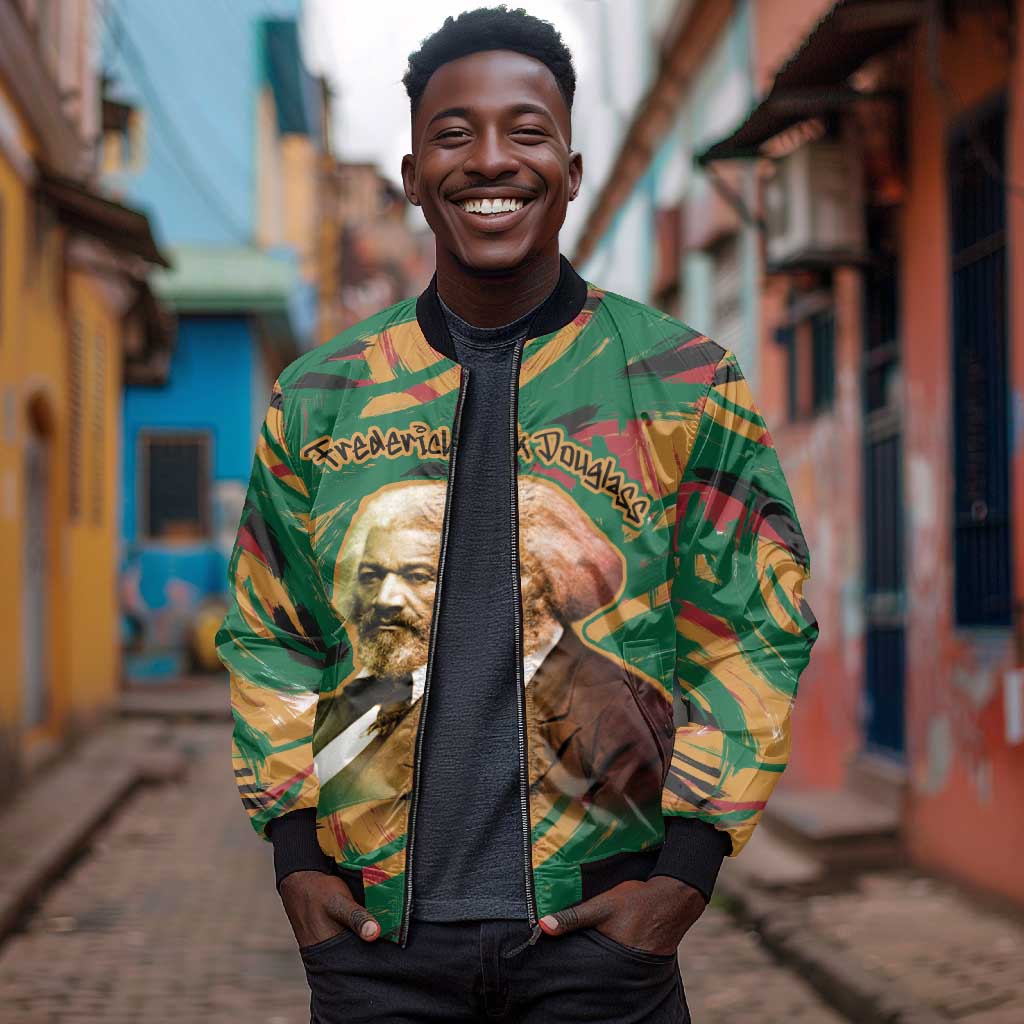 Frederick Douglass Bomber Jacket Green Abstract Design Civil Rights Leader Quote on Race and Humanity - African Pride