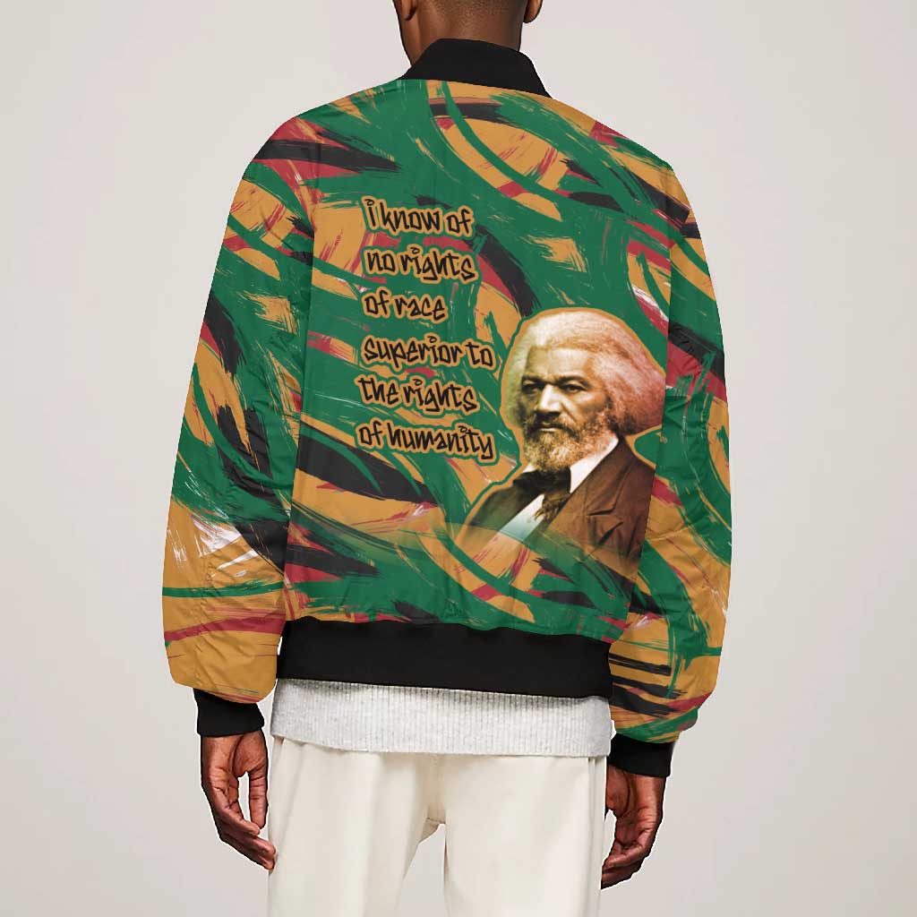 Frederick Douglass Bomber Jacket Green Abstract Design Civil Rights Leader Quote on Race and Humanity - African Pride