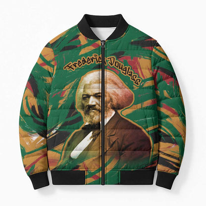Frederick Douglass Bomber Puffer Jacket Green Abstract Design Civil Rights Leader Quote on Race and Humanity - African Pride