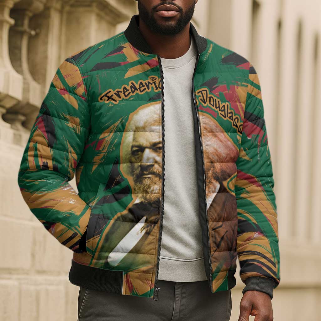 Frederick Douglass Bomber Puffer Jacket Green Abstract Design Civil Rights Leader Quote on Race and Humanity - African Pride