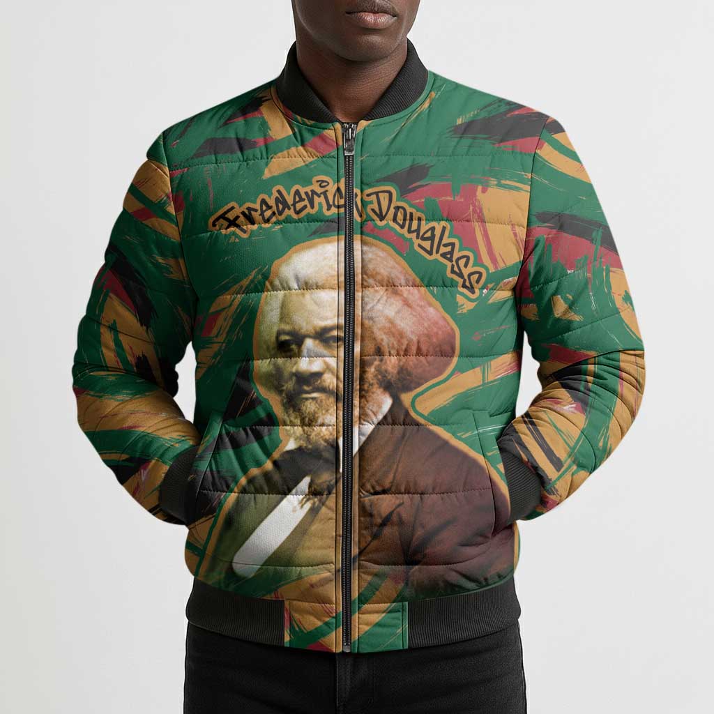 Frederick Douglass Bomber Puffer Jacket Green Abstract Design Civil Rights Leader Quote on Race and Humanity - African Pride