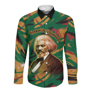 Frederick Douglass Long Sleeve Button Shirt Green Abstract Design Civil Rights Leader Quote on Race and Humanity - African Pride