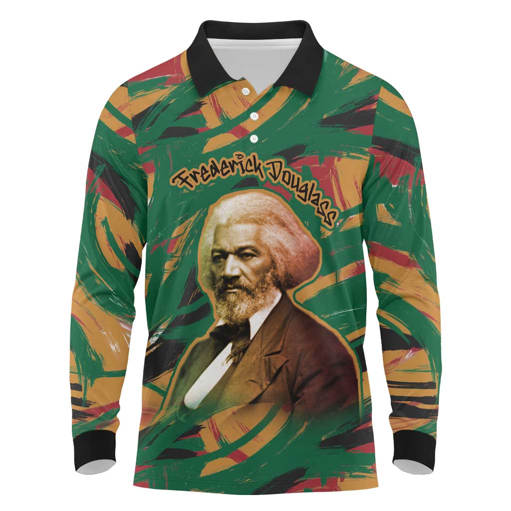 Frederick Douglass Long Sleeve Polo Shirt Green Abstract Design Civil Rights Leader Quote on Race and Humanity - African Pride