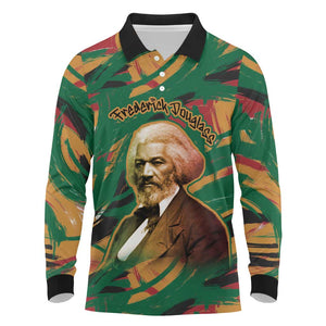 Frederick Douglass Long Sleeve Polo Shirt Green Abstract Design Civil Rights Leader Quote on Race and Humanity - African Pride