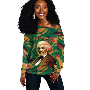 Frederick Douglass Off Shoulder Sweater Green Abstract Design Civil Rights Leader Quote on Race and Humanity - African Pride