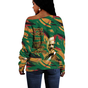 Frederick Douglass Off Shoulder Sweater Green Abstract Design Civil Rights Leader Quote on Race and Humanity - African Pride