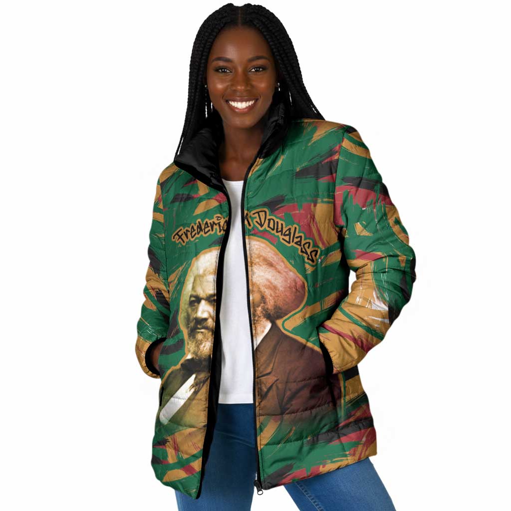Frederick Douglass Padded Jacket Green Abstract Design Civil Rights Leader Quote on Race and Humanity - African Pride