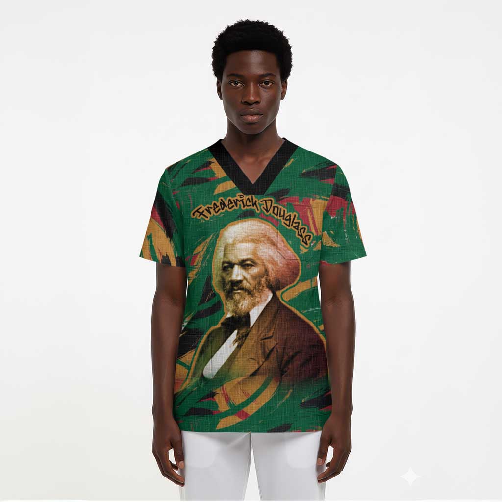 Frederick Douglass Scrub Top Green Abstract Design Civil Rights Leader Quote on Race and Humanity - African Pride